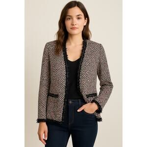 Zara Woman Multicolor Tweed Open Front Blazer Jacket Fringe Trim Size XL
